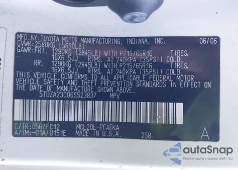 2006 Toyota Sienna Le из США, поврежденный, VIN 5TDZA23C06S523837